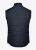 A navy Hudson Men Vest featuring a quilted design and a high collar, with a branding logo.