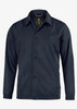 A unisex, navy jacket featuring a button-down front and a logo. Ideal for various casual occasions.