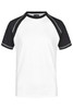 A white and black men's raglan t-shirt with short sleeves, featuring a logo on the front.