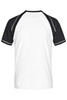 A men's raglan T-shirt featuring a white body with black sleeves and detailing, plus a branding logo.