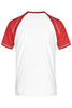 A red and white raglan T-shirt featuring short sleeves and a logo. The back view displays the colour contrast.