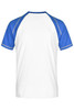 A men's raglan T-shirt with a white body and blue sleeves, featuring a logo on the back.