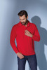 A red long-sleeve polo shirt displayed on a model against a light blue background, featuring a logo.