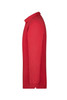 A red long-sleeved polo shirt displayed from the side, featuring a collar and a logo.