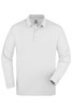 A long-sleeve white polo shirt featuring a collar and a placket with buttons. It has a logo on the chest.
