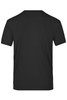 A plain black T-shirt featuring a simple design and a logo on the back.