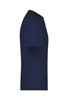 A navy blue T-shirt with short sleeves, featuring a plain design and a branding logo on the fabric.