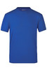 A blue short-sleeved T-shirt featuring a plain design and a logo on the neckline.