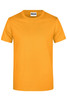 A plain orange T-shirt featuring a round neckline and short sleeves, with a label at the neckline.