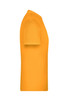A side view of an orange T-shirt featuring short sleeves and a plain design. It has a logo on the fabric.