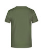 An olive green T-shirt with a plain back, featuring a logo at the neck.