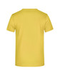 A yellow T-shirt featuring a plain back design and a logo on the upper back.