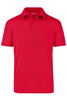 A red polo shirt featuring a collar and button placket, with a logo present.