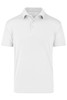 A white polo shirt featuring a collar, three buttons, and a small logo on the chest area.