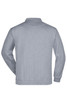 A grey polo sweatshirt with a collar and long sleeves, featuring a logo on the back.