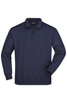 A navy blue polo shirt with long sleeves and three buttons at the collar, featuring a logo.