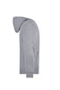 A grey men's hooded jacket with a kangaroo pocket and ribbed cuffs. Features a logo on the front.