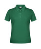 A green polo shirt for women featuring a classic collar and three button placket. It has a logo on the chest.