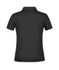 A black polo shirt with a classic collar, featuring short sleeves and a logo on the back.