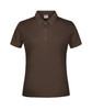 A brown polo shirt designed for women with a classic collar and three buttons at the front, featuring a logo.