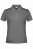 A grey polo shirt for women featuring a classic collar and three buttons. The shirt has a logo on it.