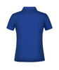 A blue polo shirt for women with a classic collar and short sleeves, featuring a logo on the back.
