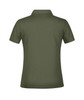 A green polo shirt featuring a collar and short sleeves. It has a logo on the back.