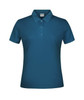 A teal polo shirt with a collar and three buttons, featuring a logo. Suitable for women.