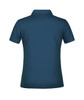 A navy blue polo shirt featuring a collar and short sleeves, with a logo on the back.