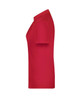 A red polo shirt for women with a fitted design and short sleeves, featuring a branding logo.