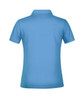 A blue polo shirt is displayed, featuring a classic collar and short sleeves. It has a logo on the back.