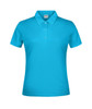 A turquoise polo shirt for women with a collared neckline and three buttons, featuring a brand logo on the label.