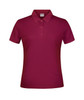 A maroon polo shirt with a collar and three buttons, featuring a logo on the chest area.