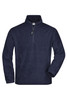 A navy half-zip fleece jacket with a stand-up collar and long sleeves, featuring a logo.