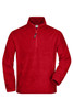 A red half-zip fleece jacket with long sleeves and a zippered collar. It includes a logo on the chest area.