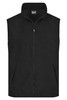 A black fleece vest with a zip front and pockets, featuring a simple design and a logo.