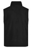 A black fleece vest with a high collar, featuring a logo on the back.
