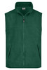 A green fleece vest with a zip front and two side pockets, featuring a small branding logo.