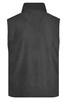 A black fleece vest featuring a high collar and no sleeves, with a logo on the back.