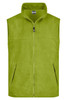 A green fleece vest with a zip front and two side pockets, featuring a logo on the chest.