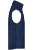 A navy fleece vest featuring a high collar and armholes, with a side pocket and a logo.