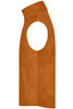 An orange fleece vest with a high collar and side pocket, featuring a logo.