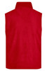 A red fleece vest with a high collar and no sleeves, featuring a logo.