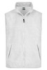 A white fleece vest with a zip front and two side pockets, featuring a logo on the upper left.