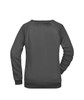 A dark grey ladies' sweatshirt with a round neckline and long raglan sleeves. It features a logo on the back.