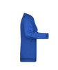 A blue sweater with long sleeves and a ribbed hem, featuring a simple design and an unadorned side view.