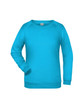 A turquoise jumper featuring long sleeves and a crew neck. The item includes a logo on the front.