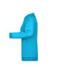 A side view of a turquoise ladies' sweater, featuring long sleeves and a round neckline. The sweater has a logo.