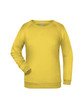 A yellow women's sweatshirt featuring a classic crew neck and ribbed cuffs, with a logo on the label.