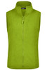 A bright green microfleece vest with a high collar and zip front, featuring a logo on the chest.